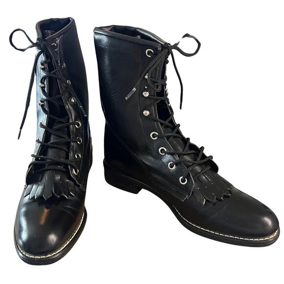 Vintage Wrangler Black Leather Kiltie Combat Boots Goth Witch Punk Rock Biker - Picture 1 of 8